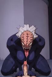 ai_generated huge_breasts imminent_oral kneeling my_hero_academia necrophilia nomu thick_thighs tongue_out woman_(nomu)