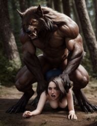 ai_generated anal anal_sex anthro_on_human breasts canine claws couple doggy_style duo fangs from_behind grabbing_head human human_female looking_pleasured male_on_female muscular_male orgasm_face outdoors penetration realistic rough rough_sex small_female snarling straight werewolf wolf