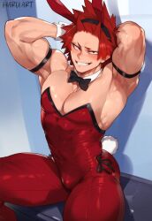 ai_assisted ai_generated armpits arms_up big_pecs blush bulge bunny_boy bunny_ears bunny_tail bunnysuit eijirou_kirishima haruartx looking_at_viewer male male_focus male_only muscular muscular_male my_hero_academia pecs red_eyes red_hair solo solo_focus solo_male thick_thighs