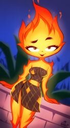 1girls 2023 2023s anthro boobs breasts clothed clothing curvy curvy_female curvy_figure digital_media_(artwork) disney dress elemental_(pixar) elemental_creature elemental_humanoid ember_lumen eyebrows eyelashes female female_focus female_only fire fire_humanoid hi_res looking_at_viewer narrowed_eyes orange_body orange_eyes pixar plant skirt small_breasts smile solo solo_female solo_focus standing wide_hips wildblur