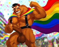 2024 anthro armpit_hair balls beast_(disney) beauty_and_the_beast big_balls big_penis body_hair brown_body brown_fur cape chest_hair clothing disney dream_and_nightmare fur genitals lgbt_pride lgbt_pride_month looking_at_viewer male male_only mammal monster multicolored_cape multicolored_clothing penis rainbow_cape rainbow_clothing solo teeth