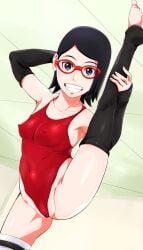 1girls armpits ass athletic athletic_female bare_shoulders black_hair blue_eyes boruto:_naruto_next_generations breasts cleft_of_venus covered_erect_nipples elbow_gloves fat_mons female female_focus flexible glasses gloves grin hairless_pussy leg_up looking_at_viewer naruto naruto_(series) nipples_visible_through_clothing plump_labia puffy_pussy raised_leg red-framed_eyewear sarada_uchiha short_hair small_breasts smile solo_female source_request splits spread_legs sunahara_wataru swimsuit teenage_girl teenager teeth thighhighs thighs uchiha_sarada vertical_splits young young_female