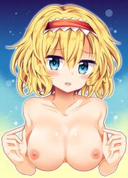 alice_margatroid bad_id bad_twitter_id blonde_hair blue_background blue_eyes blush breasts collarbone female gradient gradient_background hairband highres large_breasts looking_at_viewer maturiuta_sorato nipples nude parted_lips red_hairband solo touhou upper_body yellow_background