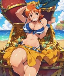 1girls ai_generated bare_arms bare_legs bare_shoulders bare_thighs big_breasts bikini bikini_bottom bikini_top blush clothed clothing color female female_focus female_only hi_res large_breasts light-skinned_female light_skin looking_at_viewer nami nami_(one_piece) one_piece orange_eyes orange_hair pre-timeskip short_hair shounen_jump solo solo_female tagme thick_thighs treasure water wet yashin