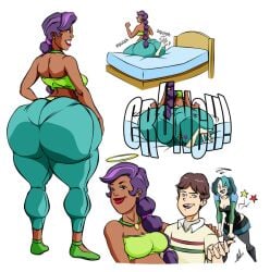 angry angry_face artist_request bed big_ass big_butt coderra cody_(tdi) couple dark-skinned_female dark_skin gwen_(tdi) halo huge_breasts jealous jealous_female no_sex purple_hair sierra_(tdi) simple_background smashing tan_body total_drama_island