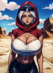 1girls ai_generated alternate_breast_size big_breasts breasts breasts_bigger_than_head cleavage crop_top dark-skinned_female dark_skin desert female female_only glasses glasses_on_head hood hood_up huge_breasts human jojo's_bizarre_adventure leather_skirt looking_at_viewer mariah_(jjba) midriff mountain navel outdoors outside pencil_skirt red_lips sand short_hair shounen_jump skirt sky sleeveless solo solo_female stable_diffusion standing stardust_crusaders sunglasses sunglasses_on_head tampopo villainess white_hair yellow_eyes