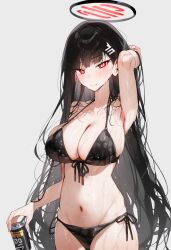 ai_generated akyoi bikini black_bikini black_hair blue_archive blush breasts looking_at_viewer navel red_eyes rio_(blue_archive) soda very_long_hair wet_bikini wet_body white_pupils