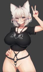 absurd_res ahe_gao ahoge animal_ears arm_up armpits bikini black_bikini black_choker blush borrowed_character breasts cameltoe choker cleft_of_venus closed_mouth cowboy_shot ear_piercing extra_ears female female_pubic_hair glasses grey_background grey_hair hand_on_own_hip hi_res high_resolution highres large_breasts lorel_(aurwoora) nail_polish navel nipples original piercing pointy_ears pubic_hair pubic_hair_peek red_nails rope rope_between_breasts rope_bondage round_eyewear short_hair simple_background smile solo spiked_choker spikes standing tagme topless under_shirt v varniskarnis white_hair