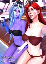 2girls 3d 3d_(artwork) abs bikini bikini_bottom bikini_top blender breasts dota_2 drow_ranger green_eyes handholding lavandyra light-skinned_female long_hair pool purple_skin red_eyes red_hair selfie selfie_pose thighs water white_hair windranger yuri