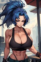 1girls 2d abs ai_generated athletic athletic_female bare_shoulders belly belly_button big_breasts blue_eyes blue_hair breasts busty_buff crop_top female gloves huge_breasts king_of_fighters large_breasts leona_heidern long_hair looking_to_the_side midriff pants smile snk solo source standing tampopo thong thong_straps tied_hair wide_shoulders