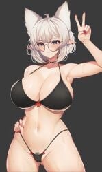 absurd_res ahoge animal_ears arm_up armpits bikini black_bikini black_bra black_choker black_thong blush borrowed_character breasts cameltoe choker cleft_of_venus closed_mouth cowboy_shot ear_piercing extra_ears female female_pubic_hair glasses grey_background grey_hair hand_on_own_hip hi_res high_resolution highres large_breasts lorel_(aurwoora) nail_polish navel nipples original panties piercing pointy_ears pubic_hair pubic_hair_peek red_nails round_eyewear short_hair simple_background smile solo spiked_choker spikes standing swimsuit tagme thong thong_bikini thong_panties topless underwear v varniskarnis white_hair