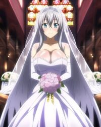 aqua_eyes big_breasts blue_eyes flower flowers happy high_school_dxd rossweisse smile wedding wedding_dress wedding_veil