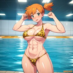 1girls abs ai_generated amazon arm_up big_breasts bikini bodybuilder breasts fit_female flexing_bicep ginger green_eyes kasumi_(pokemon) leopard_print leopard_print_bikini muscles muscular open_mouthrn1girls pokemon pool posing red_hair self_upload side_ponytail stable_diffusion sweat teen teenager tomboy unclego