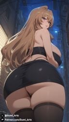 ai_generated aisaka_taiga alley alternate_body_type alternate_breast_size brown_eyes brown_hair from_below g_string gumi_arts huge_ass huge_breasts looking_back naughty_face outdoors skirt stable_diffusion stockings thick_thighs thighhighs toradora! tubetop