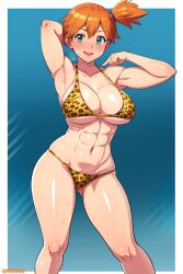 1girls abs ai_generated amazon arm_up big_breasts bikini bodybuilder breasts fit_female flexing_bicep ginger green_eyes kasumi_(pokemon) leopard_print leopard_print_bikini muscles muscular open_mouth pokemon posing red_hair self_upload side_ponytail stable_diffusion sweat teen teenager tomboy unclego