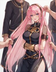 ai_generated armband belt blue_eyes clothed_female clothed_male female hair_fetish hair_grab large_breasts megurine_luka multiple_boys pink_hair very_long_hair vocaloid