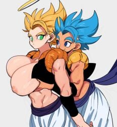 2girls big_breasts blonde_hair blue_eyes blue_hair breasts corelessmoter dragon_ball female female_gogeta female_saiyan fondling_breast fusion fusion_character fusion_dance gogeta grabbing grabbing_breasts green_eyes groping groping_breasts halo inverted_nipples multiple_girls nipples rule_63 saiyan saiyan_girl super_saiyan super_saiyan_blue tagme