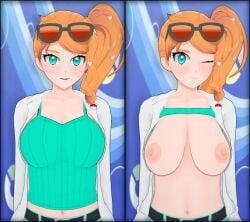 1girls big_areola big_breasts big_breasts blush breasts breasts breasts_out busty female focus glasses green_eyes huge_breasts koikatsu long_hair looking_at_viewer nipples nude nude_female nyxxzeiss orange_hair pink_nipples pokemon pokemon_ss ponytail shirt_up showing_breasts smile solo solo_female solo_focus sonia_(pokemon)