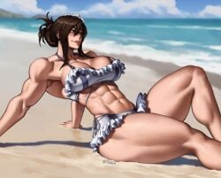 1girls abs ass beach big_ass big_breasts bikini black_hair breasts final_fantasy final_fantasy_vii final_fantasy_vii_remake fit fit_female highres leather_skirt long_hair midriff mootium muscular muscular_female sitting smile square_enix swimsuit thick_thighs tifa_lockhart