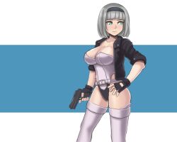 anna_nishikinomiya breasts cleavage cosplay donburi_(donburikazoku) donburikazoku female fingerless_gloves ghost_in_the_shell gloves green_eyes grey_hair gun handgun kusanagi_motoko kusanagi_motoko_(cosplay) shimoneta_to_iu_gainen_ga_sonzai_shinai_taikutsu_na_sekai solo weapon white_hair