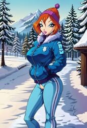 4kids_entertainment ai_generated bloom_(winx_club) crotch_cutout exposed_pussy jacket nickelodeon outdoors pants rainbow_(animation_studio) winter_clothes winter_hat winx_club zfivefan