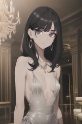 1girls ai_generated bare_shoulders black_hair blank_expression braless dress earrings elegant female looking_at_viewer mature mature_female necklace silver_dress small_breasts stable_diffusion straps tight_clothing