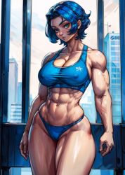 1girls 2d abs ai_generated athletic athletic_female bare_shoulders belly belly_button big_breasts bloomers blue_eyes blue_hair breasts cameltoe cleavage female hips looking_at_viewer muscular muscular_female nipple_bulge nipples nipples_visible_through_clothing oc original original_character short_hair solo source sports_bra sportswear standing tampopo thick_thighs thighs wide_hips