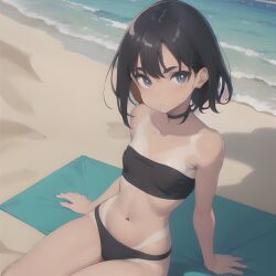 1girls ai_generated bare_shoulders beach beach_towel belly_button bikini braless collarbone croptop cute dark_hair female flat_chest flat_chested looking_at_viewer sea seaside short_hair small_breasts stable_diffusion surprised tan_lines tubetop