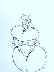 anthro asriel_dreemurr big_breasts breasts cameltoe caprine cleavage clothed clothing code541 erect_nipples female female_asriel goat god_of_hyperdeath hi_res huge_breasts hyper hyper_breasts mammal monochrome nipple_bulge pokies rough_sketch rule_63 solo thick_thighs undertale video_games voluptuous wide_hips