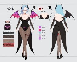 blue_hair cleavage cola_senami demon_girl demon_horns demon_tail demon_wings fishnets glasses large_breasts model_sheet mole_under_eye pubic_tattoo red_eyes succubus succubus_tattoo virtual_youtuber vtuber