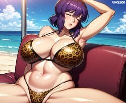 1girls ai_generated armpits asian asian_bimbo asian_female beach big_breasts bikini bimbo breasts closed_eyes cyborg ghost_in_the_shell ghost_in_the_shell_stand_alone_complex huge_breasts kusanagi_motoko leopard_print leopard_print_bikini milf purple_hair relaxing self_upload sleeping stable_diffusion unclego