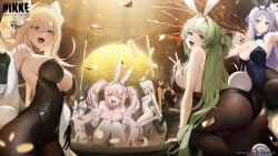 6+girls 7girls alice_(nikke) alice_(wonderland_bunny)_(nikke) ass big_breasts black_hair blanc_(nikke) blonde_hair blue_eyes breasts brown_hair bunny_ears bunnysuit cleavage closed_eyes dark-skinned_female dark_skin double_peace_sign female_only folkwang folkwang_(moist_rabbit) goddess_of_victory:_nikke green_eyes green_hair huge_breasts large_breasts light-skinned_female light_skin long_hair mary_(medical_rabbit)_(nikke) mary_(nikke) noir_(nikke) official_art one_eye_closed open_mouth peace_sign pink_hair pole pole_dancing purple_eyes purple_hair rupee_(nikke) rupee_(rabbit_deluxe)_(nikke) sideboob small_breasts soda_(nikke) soda_(twinkling_bunny)_(nikke) squatting torn_pantyhose twintails upper_teeth white_hair yellow_eyes