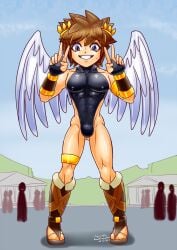1boy angel angel_wings ass_visible_through_thighs bicep_bracelet blue_eyes brown_hair bulge clothed clothed_male covered_nipples double_peace_sign grin grinning grinning_at_viewer high_cut_swimsuit kid_icarus laurel_crown leotard looking_at_viewer male male_only muscular muscular_male nervous nervous_smile nervous_sweat nintendo nipple_bulge part_of_a_set peace_sign pit pit_(kid_icarus) public sandals smile smiling_at_viewer solo solo_focus solo_male sweat sweatdrop teeth thigh_ring white_wings whitt