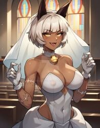ai_generated bob_cut breasts cat_girl church cleavage dark-skinned_female erect_nipples erect_nipples_under_clothes female gloves looking_at_viewer nadia_fortune neetaiweeb skullgirls smiling solo solo_female wedding_dress white_hair wrong_eye_color yellow_eyes