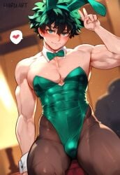 ai_assisted ai_generated big_pecs blush bulge bunny_boy bunny_ears bunnysuit cute_face green_eyes green_hair haruartx izuku_midoriya looking_at_viewer male male_focus male_only muscular muscular_male my_hero_academia pecs solo solo_focus solo_male thick_thighs