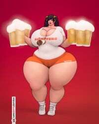 1girls asian asian_female beer_glass beer_mug big_breasts big_hipped big_hips breasts child_bearing_hips cleavage female female_focus female_only hips hips_wider_than_shoulders hooters hooters_uniform huge_breasts huge_hips large_breasts large_hips ling_xiaoyu namco namco_bandai pigtails sneakers someshittysketches tagme tekken text_on_clothing thick_thighs thighs twintails wide_hips