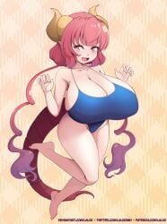 1girl 1girls alternate_version_at_source alternate_version_available barefoot big_breasts blue_one-piece_swimsuit blush blush_lines blushing_at_viewer blushing_female boobs breasts breasts_bigger_than_head busty cleavage cute cute_fang deviantart_username dragon dragon_girl dragon_horns dragon_humanoid dragon_tail female female_focus female_humanoid female_only full_body gradient_hair hands_up hi_res high_resolution highres horn horned_humanoid horns huge_breasts humanoid ilulu ilulu_(dragon_maid) ilulu_(maidragon) kobayashi-san_chi_no_maidragon lalox large_breasts light-skinned_female light_skin looking_at_viewer miss_kobayashi's_dragon_maid multicolored_hair no_visible_genitalia one-piece_swimsuit one_leg_up open_eyes open_mouth patreon_username pink_eyes pink_hair pointy_ears purple_highlights red_tail short_stack shortstack sideboob simple_background slit_pupils small_but_busty smile smiling smiling_at_viewer solo solo_female solo_focus swimsuit tail text thick_thighs thighs tits twintails twitter_username url voluptuous voluptuous_female watermark web_address yellow_background