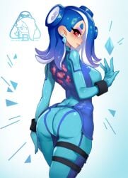 1girls ass back_view belt blue_hair bodysuit breasts little_blood looking_at_viewer looking_back metroid nintendo red_eyes samus_aran_(cosplay) shiver_(splatoon) sideboob skin_tight solo splatoon splatoon_3 straps tentacle tentacle_hair thigh_strap tight_clothing zero_suit