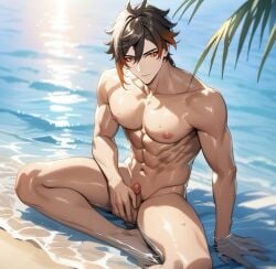 1boy ai_generated beach erect_penis gay genshin_impact male nude_male ocean precum solo_male tagme yaoi zhongli_(genshin_impact)