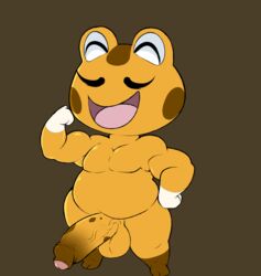 2_toes amphibian animal_crossing anthro balls brown_background closed_eyes cousteau_(animal_crossing) erection eroborus flexing foreskin frog gold_skin half-erect humanoid_penis male male_only musclegut muscular mustache nintendo penis simple_background smile thick_penis two_tone_skin uncut veiny_penis video_games