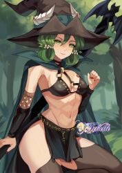 artist_name bikini bikini_top_only black_bikini black_hat black_thighhighs breasts cape cleavage closed_mouth commentary commission english_commentary felielle female fingernails forest freckles green_cape green_eyes green_hair hair_between_eyes hat high_collar holding holding_staff lips looking_at_viewer medium_breasts nature navel outdoors pelvic_curtain pink_lips red_nails short_hair smile solo staff stomach swimsuit thighhighs thighs unicorn_overlord witch witch_hat yahna_(unicorn_overlord)
