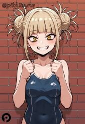 :d ai_generated bags_under_eyes bangs bare_arms bare_shoulders blonde_hair blue_one-piece_swimsuit blunt_bangs blush boku_no_hero_academia breasts brick_wall cleavage clenched_hands collarbone competition_school_swimsuit covered_navel double_bun fangs female grin hair_bun hands_up highleg_swimsuit himiko_toga looking_at_viewer medium_breasts messy_hair my_hero_academia one-piece_swimsuit pikkiwynn school_swimsuit shiny short_hair sidelocks smile solo swimsuit teeth toga_himiko upper_body yellow_eyes
