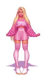 1girls barbie_(franchise) bimbo blonde_hair blue_eyes candy clothed clothing female footwear kacey_brady long_sleeve_shirt long_sleeves shoes skirt solo the_brady_bunch theofficialpit thick_thighs thighhighs waist_length_hair