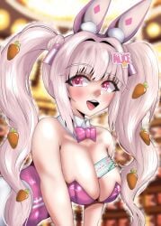 1girls alice_(nikke) alice_(wonderland_bunny)_(nikke) bent_over blush breast_squish breasts bunny_ears bunnysuit cleavage female_only goddess_of_victory:_nikke object_between_breasts open_mouth pink_eyes twintails upper_teeth white_hair