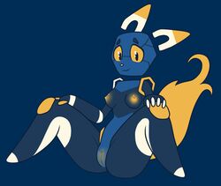 2017 android anthro ass blue_background blue_eyebrows blue_fur blue_nose breasts canine digital_media_(artwork) disembodied_head e621 esix female fluffy fluffy_tail fox fur hexagon hi_res looking_at_viewer machine mammal maypul_syrup nipples pussy robot simple_background smile solo spread_legs spreading yellow_sclera