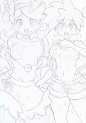 2girls bansyo31 bare_shoulders blush breasts female female_only game_freak happy_trance heart heart-shaped_pupils human human_only hypnosis kasumi_(pokemon) large_breasts looking_at_viewer mallow_(pokemon) midriff mind_control multiple_girls navel nintendo nipples no_bra pokemon pokemon_rgby pokemon_sm ponytail shirt shirt_lift shirt_pull shorts suspenders sweat tongue tongue_out topless traditional_media_(artwork)