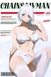 1girls ass big_breasts breasts chainsaw_man eyepatch fake_magazine_cover garter_straps light-skinned_female lingerie ms_tsukii panties quanxi_(chainsaw_man) thick_thighs thighhighs white_hair