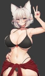 absurd_res ahoge animal_ears arm_up armpits bikini black_bikini black_bra black_choker black_thong blush borrowed_character breasts cameltoe choker cleft_of_venus closed_mouth cowboy_shot ear_piercing extra_ears female female_pubic_hair glasses grey_background grey_hair hand_on_own_hip hi_res high_resolution highres large_breasts lorel_(aurwoora) nail_polish navel nipples original panties piercing pointy_ears pubic_hair pubic_hair_peek red_nails round_eyewear short_hair simple_background smile solo spiked_choker spikes standing sweater_around_waist swimsuit tagme thong thong_bikini thong_panties topless underwear v varniskarnis white_hair