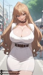 ai_generated aisaka_taiga alternate_body_type alternate_breast_size belt brown_eyes brown_hair cleavage collar covered_nipples dress gumi_arts head_tilt huge_breasts lipstick outdoors parted_lips smile stable_diffusion thick_thighs toradora! wide_hips