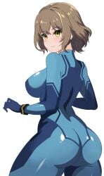 1girls anis_(nikke) ass blue_bodysuit blush bodysuit breasts brown_hair closed_mouth dat_ass female goddess_of_victory:_nikke hi_res huge_ass large_ass large_breasts lgc_cat looking_at_viewer metroid nintendo samus_aran samus_aran_(cosplay) short_hair sideboob skin_tight smile solo thick_thighs tight_clothing white_background yellow_eyes zero_suit